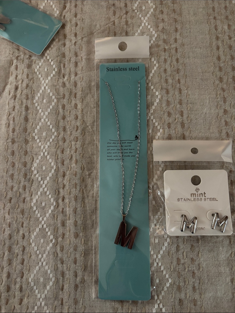 Mint Silver 'M' Stainless Steel Necklace and Stud Earrings Set